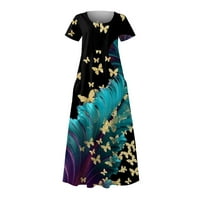 Жените Круг Деколте Мода Цветни Глуждот Должина А-Линија Лето Краток Ракав Фустан Сина 2XL