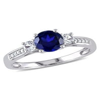 Тангело 1- Карат Т.Г.В. Создадено сино-бел сафир дијамант-акцент 10kt бело злато три камен прстен