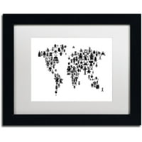 Трговска марка ликовна уметност роботска мапа на светот црна платно уметност од Мајкл Томпсет, бел мат, црна рамка