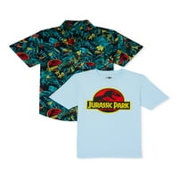 Jurassic World Boys кратки ракави копче и графичка маица, пакет со 2 парчиња, големини XS-XXL