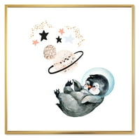 DesignArt 'Малиот пингвин со планети и starsвезди I' Фарма куќа врамена на платно wallидна уметност принт