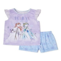 Дизни замрзнати девојки со кратки ракави со кратки ракави и шорцеви, класичен сет на пижами со 2 парчиња, големини со 4-10