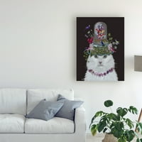 Трговска марка ликовна уметност „мачка, бела со тегла за bellвонче од пеперутка, на црна„ платно уметност од фан фанки