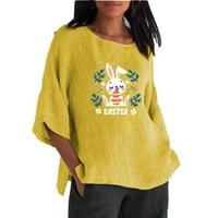 Женски Памучни Ленени Врвови Вратот На Екипажот Долг Ракав Излегување Кошули Летна Мода Велигден Печатење Блуза Жолта XL