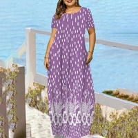 Виолетова Женски Фустан Мода Печатени Кратки Ракави Круг Вратот Лабава Џеб Фустан М