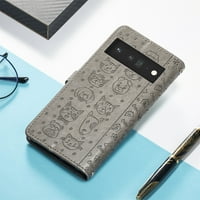 Случај за Google Pixel Pro 6.7 5G, Emboss Cat Pu Кожен Ремен За Зглоб Отпорен На Удари Целосна Заштита Тенок Магнетски Држач Паричник Школка Фолио Флип Капак За Google Pixel Pro, Греј