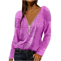 Дадарија Преголеми Маици За Жени Плус-Големина Моден Патент Долг Ракав V-Вратот Печатење Обична Блуза Маица Блузи Виолетова