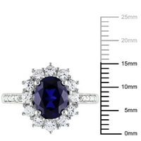 Miaенски Carat Carat T.G.W. Овално се создаде сино сафир и создаде бел сафир дијамантски акцент на сребро гроздобер прстен за ангажман