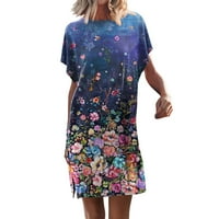 Летни Фустани За Жени Секојдневен Краток Ракав Цветен Бохо Фустан Мода Лабава Сплит Полите Плажа Сонце Фустан